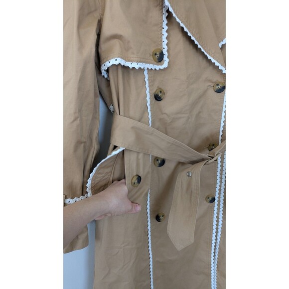 7 for All Mankind Trench Coat M Crochet Trim Boho Cottage Double Breasted NWOT - Picture 3 of 13